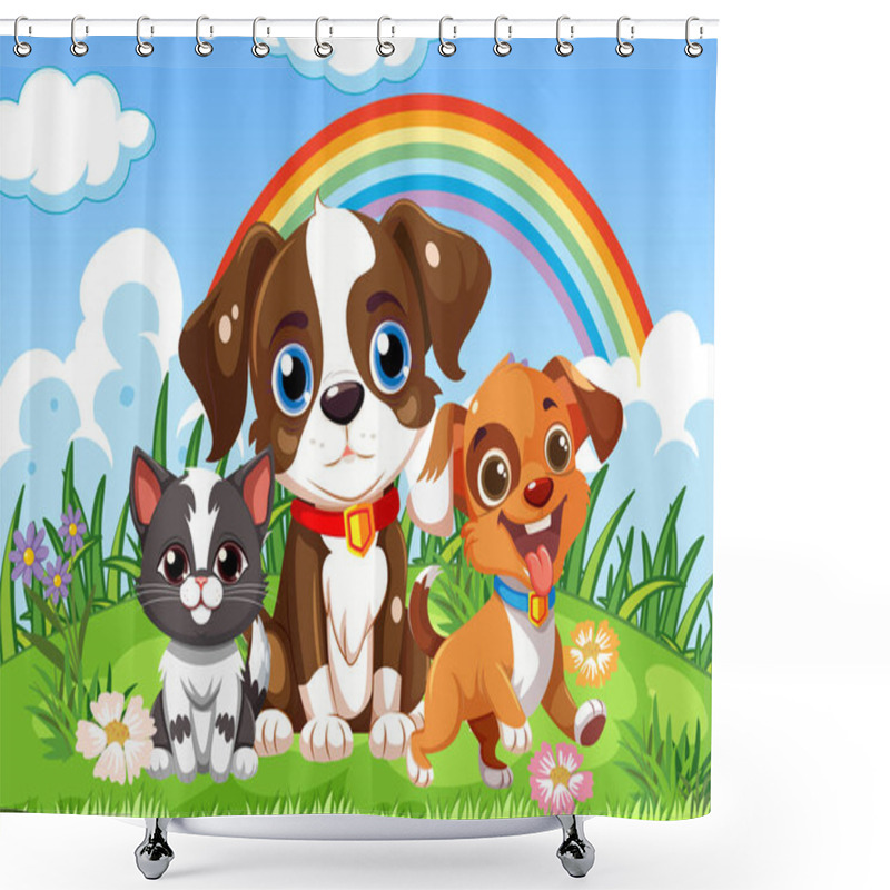 Personality  Puppy And Cat Friend At The Outdoor Garden Illustration Shower Curtains