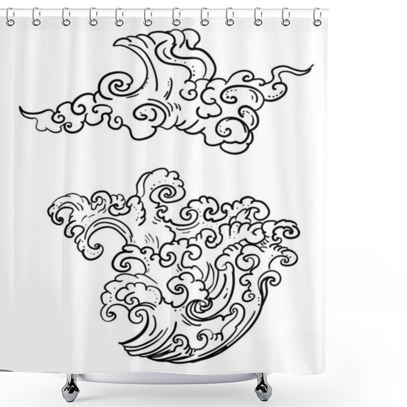 Personality  Line Thai Wave Tattoo.Japanese Wave Vector Set And Thai Style.Outline Japanese Wave Dawn From Line Thai Style.Thai Water Wave Isolate On White Background. Shower Curtains