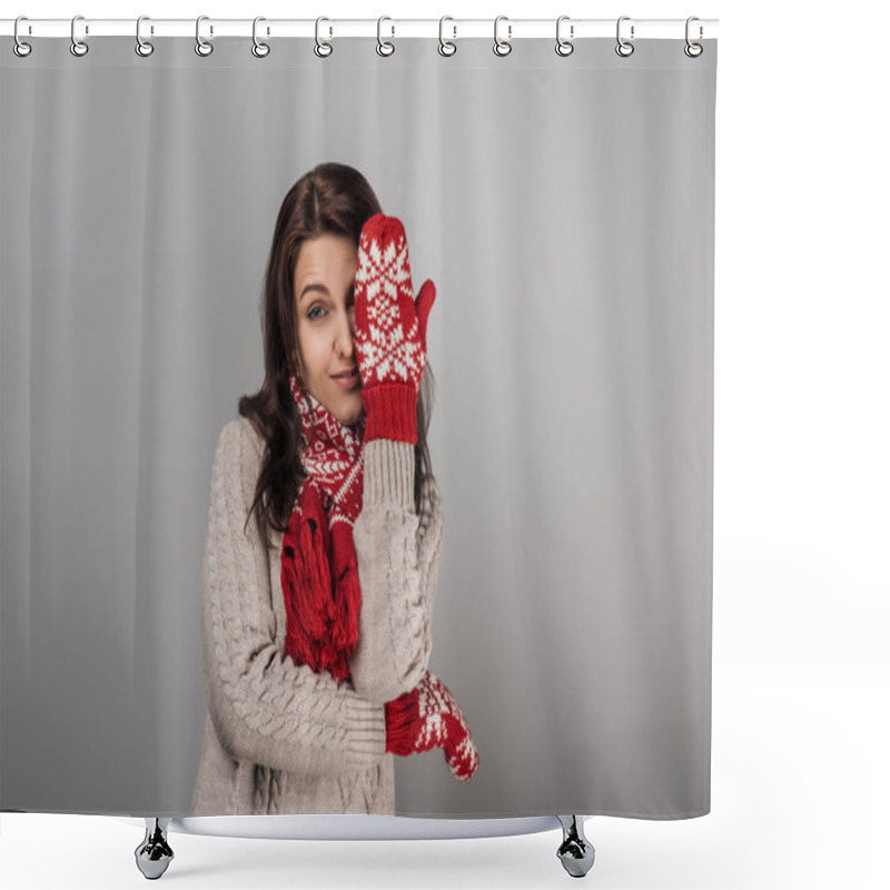 Personality  Attractive Woman In Red Gloves And Scarf Covering Eye Isolated On Grey  Shower Curtains