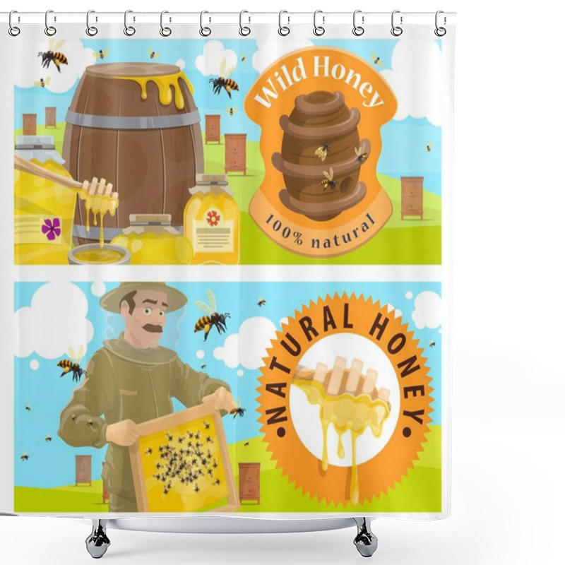 Personality  Beekeeping Farmer, Apiary Honey Vector Banner. Agriculture Apiculture And Beekeeper Hobby. Beekeeper In Protective Clothing Holding A Comb Frame, Wild Bee Nest, Barrel And Jar Filled With Tasty Honey Shower Curtains