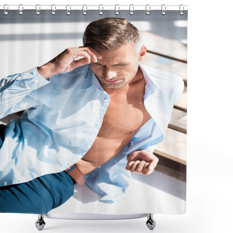 Personality  High Angle View Of Handsome Macho Lying On Wooden Pallet On White Shower Curtains