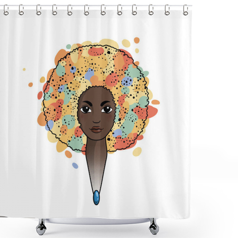 Personality  Portrait Of A Woman With Luxuriant Hair In The Style Of An African. Vector. Shower Curtains