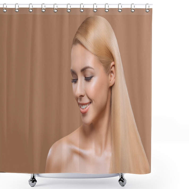 Personality  Portrait Of Beautiful Blonde Long Hair Girl With Closed Eyes Isolated On Beige Shower Curtains