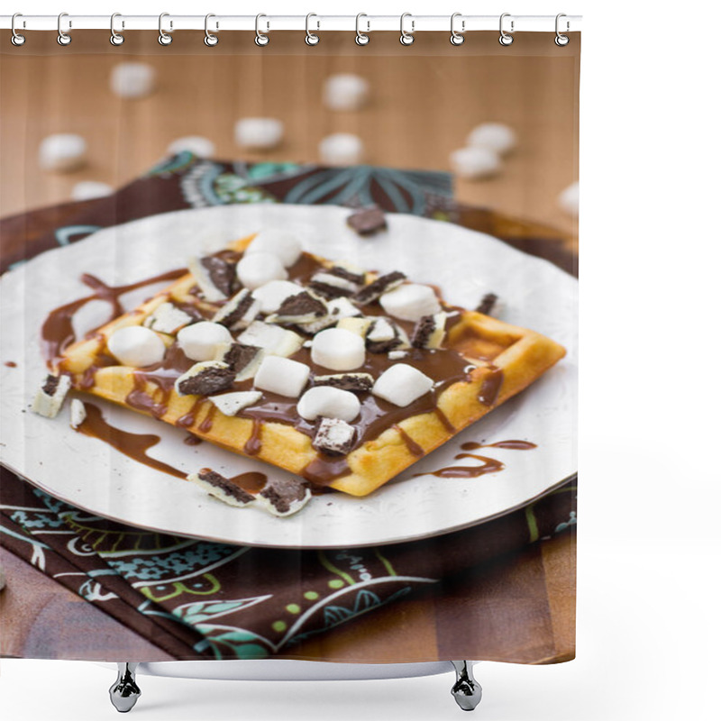 Personality  Waffles With Chocolate Cream, Marshmellows And Chopped Cookies Shower Curtains