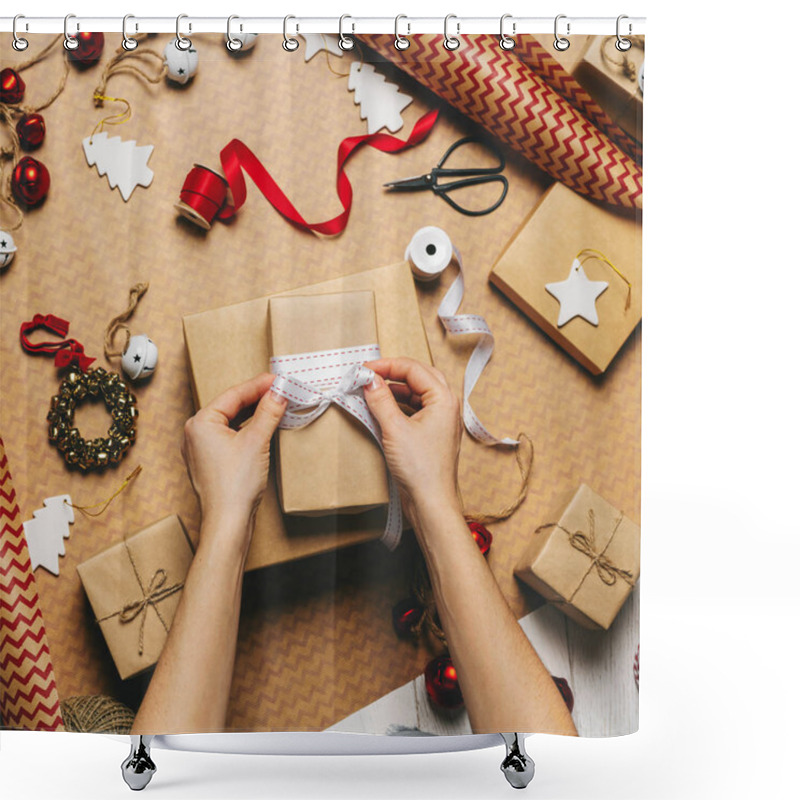 Personality  Top View Of Female Hands Wrapping Gift Box With Packing Tape, Rope, Paper Rolls And Decorations Props On Wrapping Paper Shower Curtains