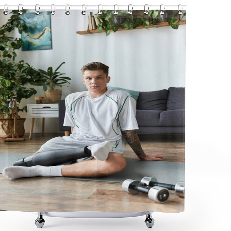 Personality  Young Man With A Prosthetic Leg Sits On A Mat, Showcasing Determination And Fitness At Home. Shower Curtains