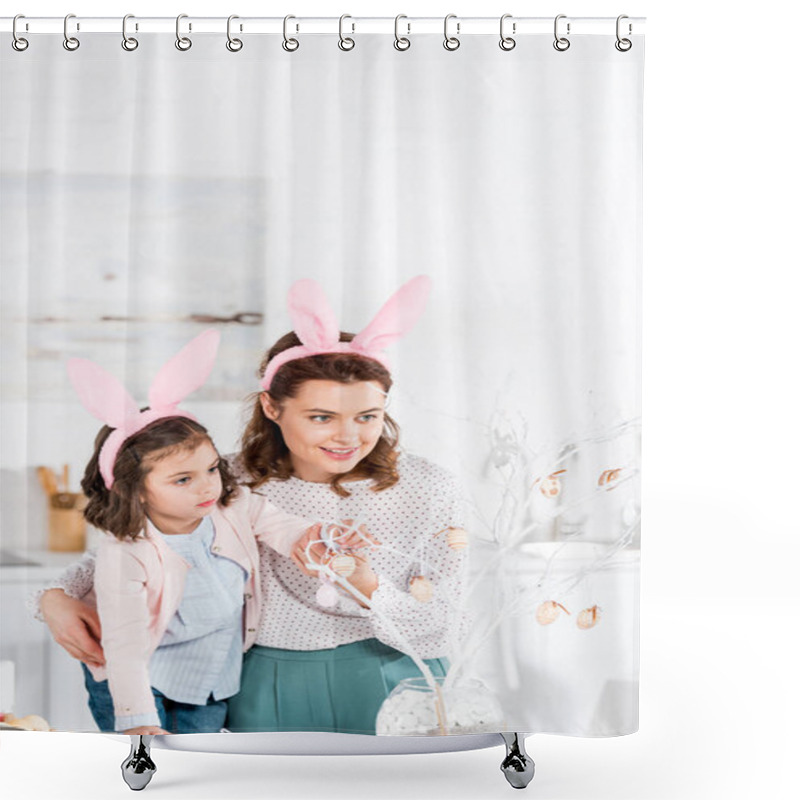 Personality  Happy Mother And Daughter In Bunny Ears Decorating Easter Tree Shower Curtains