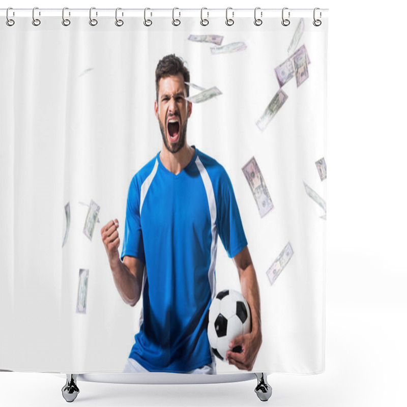 Personality  Soccer Player With Ball Cheering With Clenched Hand Near Falling Money Isolated On White Shower Curtains