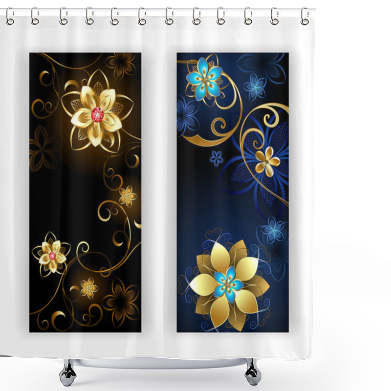 Personality  Two Vertical Banner With Shiny Gold Jewelry Flowers On A Black Background. Shower Curtains