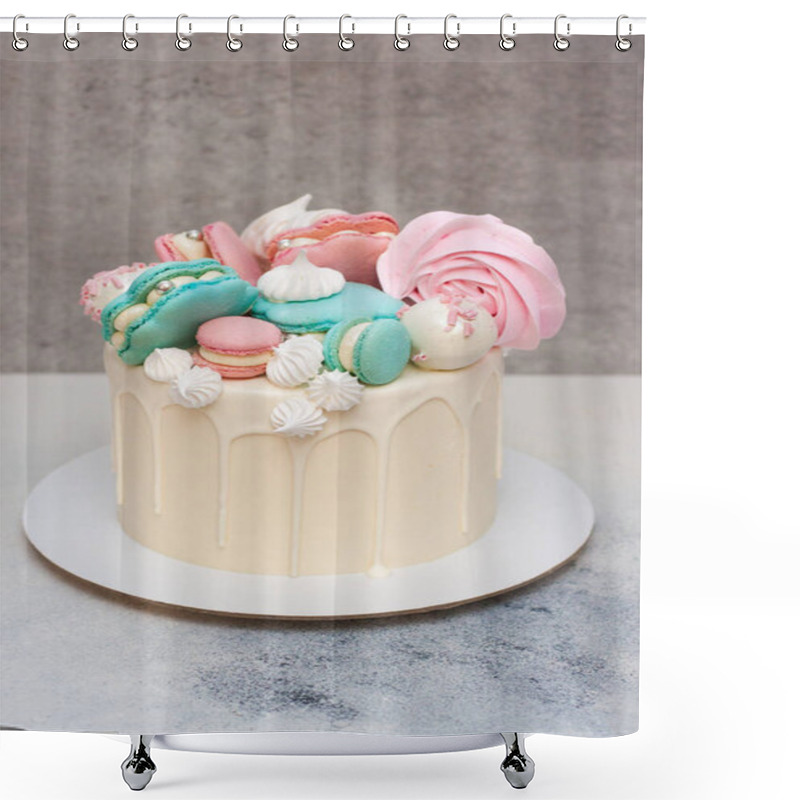 Personality  Elegant White Cake With Macaroon Sea Shells, Chocolate And Meringue Decoration Shower Curtains