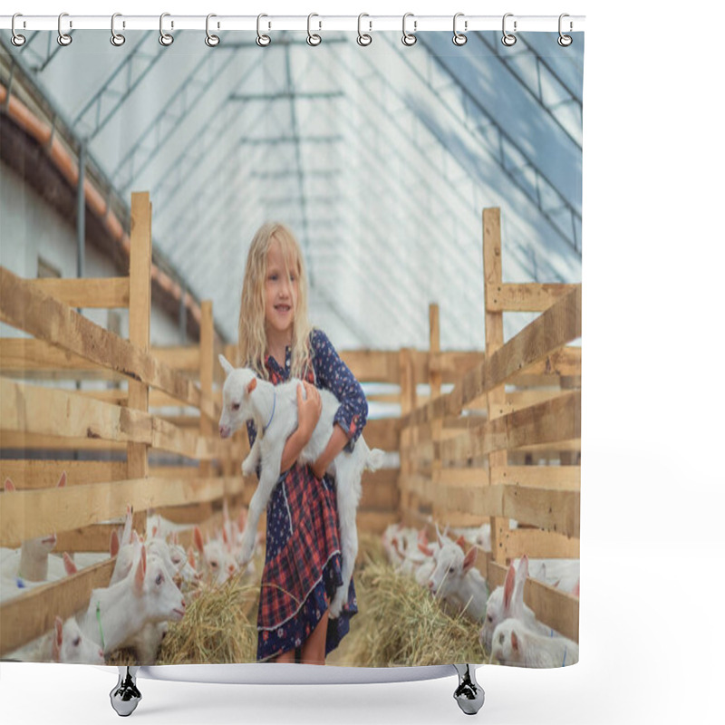 Personality  Smiling Adorable Kid Holding Goat At Farm Shower Curtains