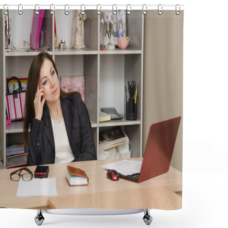 Personality  Girl In Office Sitting A Table At Computer And Relies Head On Her Hand Shower Curtains