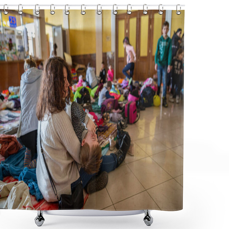 Personality  LVIV, UKRAINE - March 12, 2022: Humanitarian Catastrophe During At War In Ukraine. Millions Of Refugees From The War-torn Territories Are Flees To Europe. Mother And Child Room At Lviv Railway Station Shower Curtains