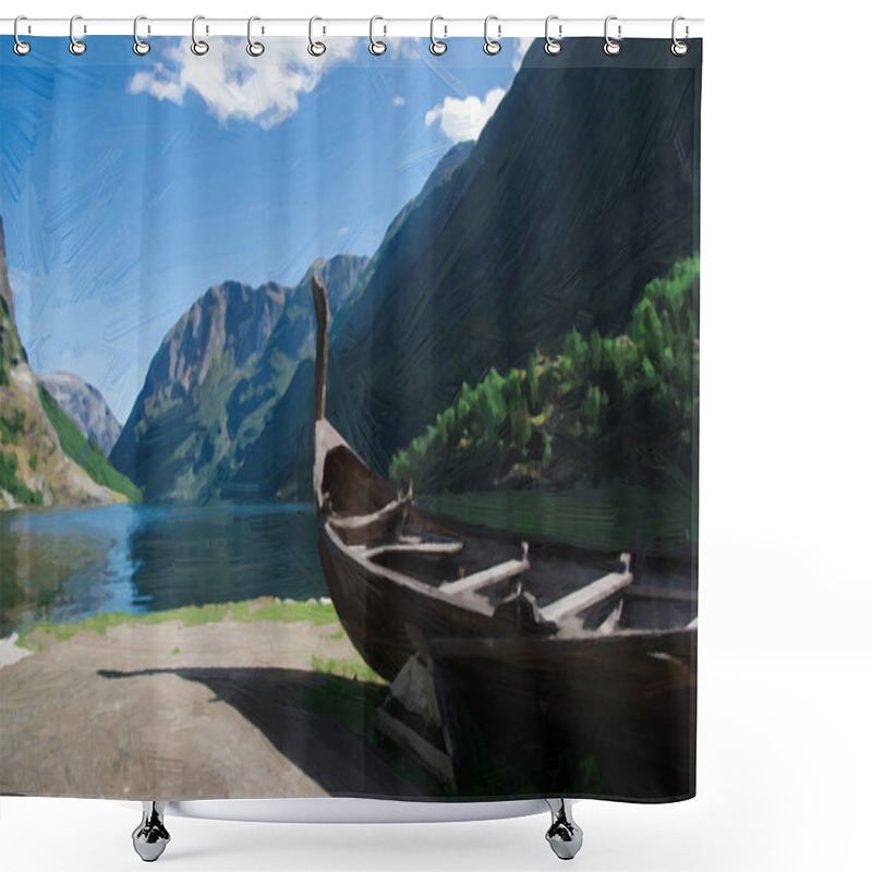 Personality  Painted Wooden Boat Near Sea, Green Trees And Mountains  Shower Curtains