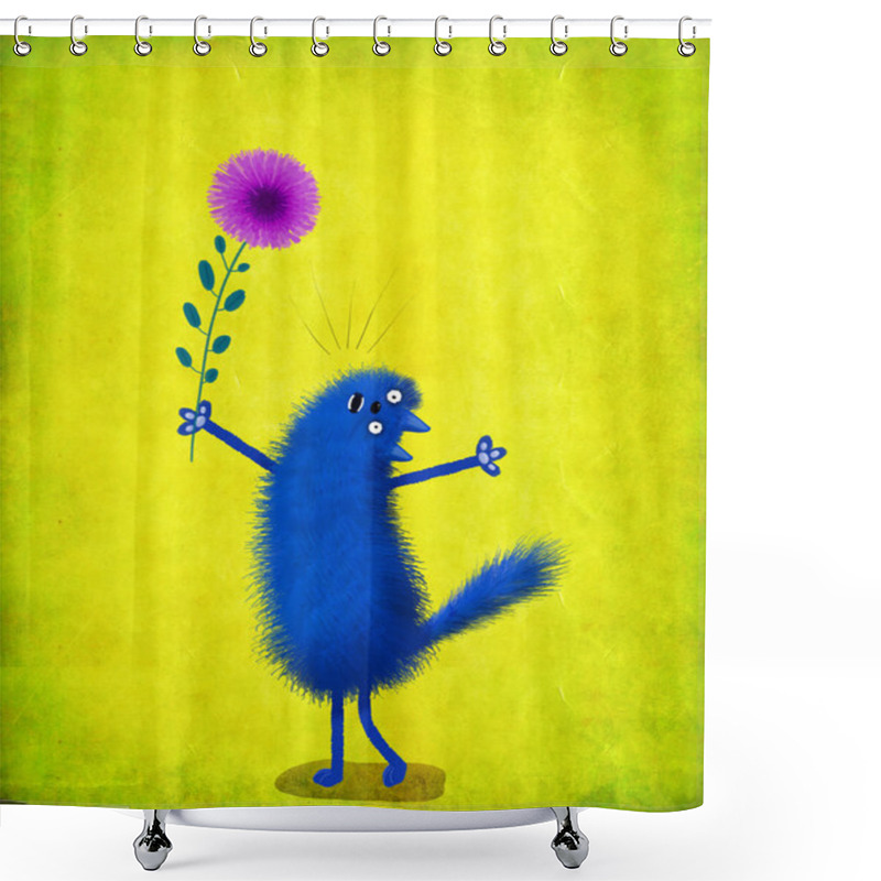 Personality  Blue Singing Cat Holding Violet Aster Shower Curtains