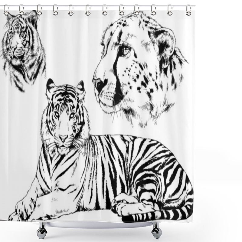 Personality  Set Of Vector Drawings On The Theme Of Predators Tigers Are Drawn By Hand With Ink Tattoo Logos Shower Curtains