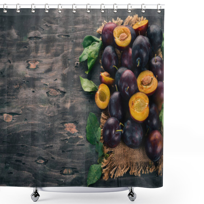 Personality  Fresh Plums With Leaves. Fruits. On A Black Wooden Background. Top View. Free Space For Your Text. Shower Curtains