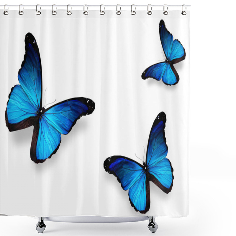 Personality  Three Blue Butterflies, Isolated On White Shower Curtains