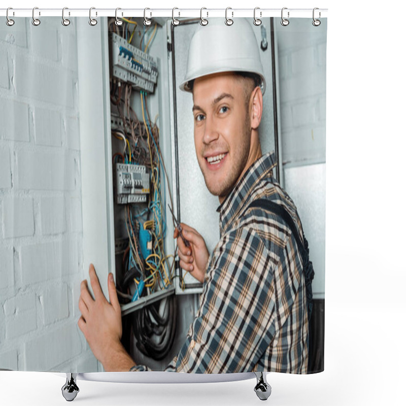 Personality  Happy Electrician In Safety Helmet Holding Screwdriver Near Switchboard   Shower Curtains