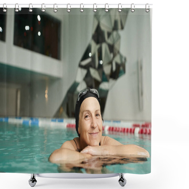 Personality  Happy Middle Aged Woman Swimming With Floating Board In Pool, Swim Cap And Goggles, Smile Shower Curtains