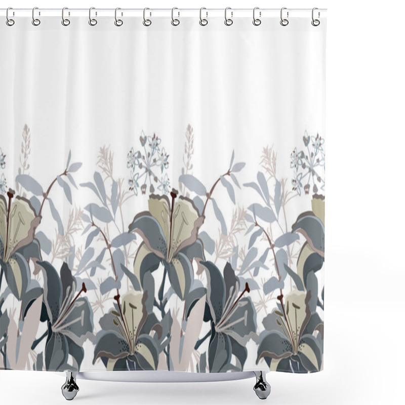 Personality  Vector Floral Seamless Pattern, Border. Horizontal Panoramic Design With Lily Flowers In Beige And Gray Colors. Shower Curtains