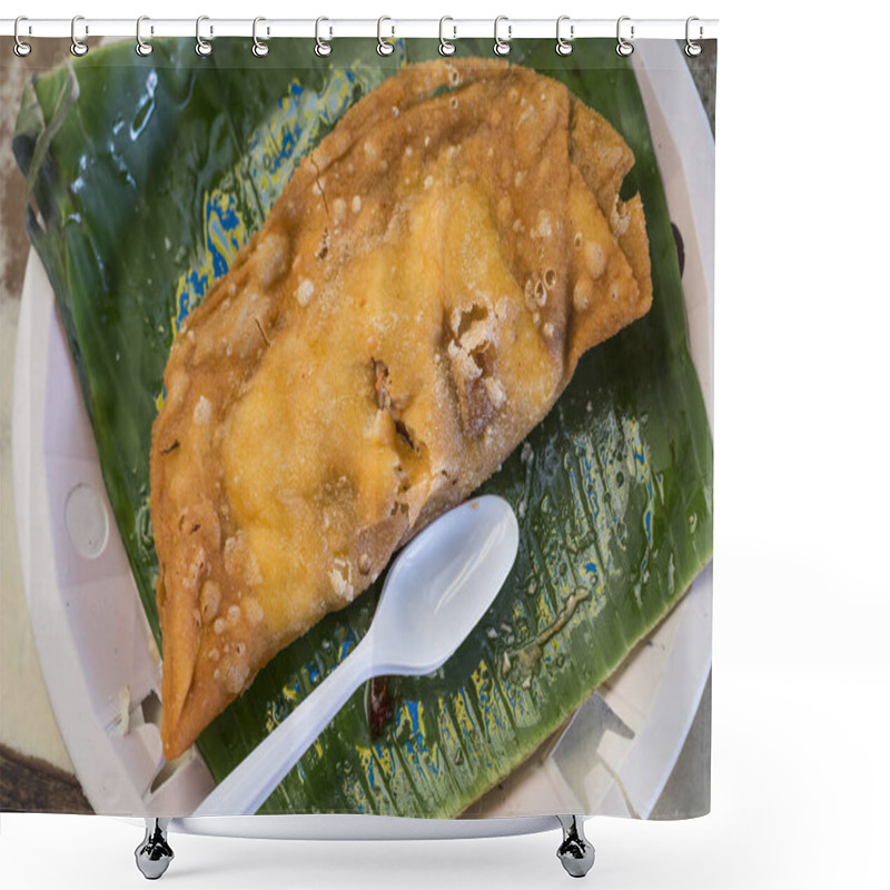 Personality  Authentic Ilocos Empanada On A Banana Leaf. Served At A Small Outdoor Eatery In Vigan. Shower Curtains