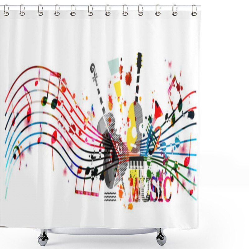 Personality  Abstract Musical Instruments On White Background, Musical Banner Shower Curtains