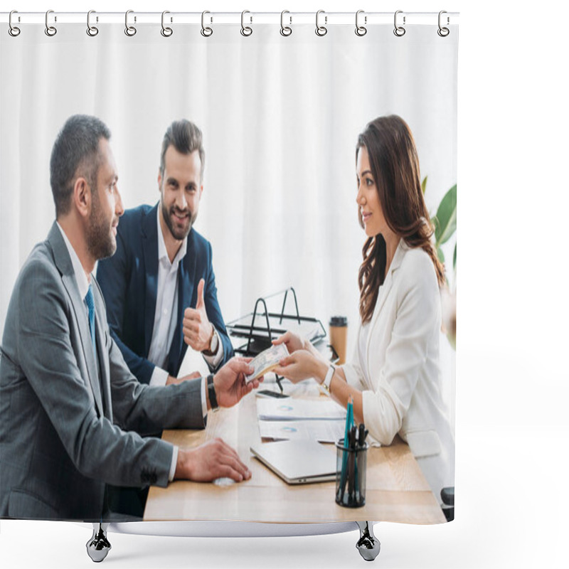 Personality  Handsome Investor Giving Dollar Banknotes To Beautiful Advisor  Shower Curtains