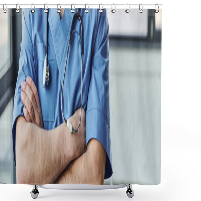 Personality  Partial View Of Young Doctor In Blue Uniform Standing With Crossed Arms And Stethoscope On Neck In Modern Hospital, First Aid Training Seminar And Emergency Preparedness Concept, Banner Shower Curtains