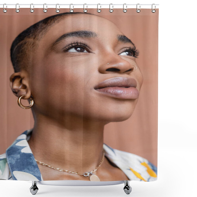 Personality  Portrait Of Fashionable African American Woman Looking Away Outdoors  Shower Curtains