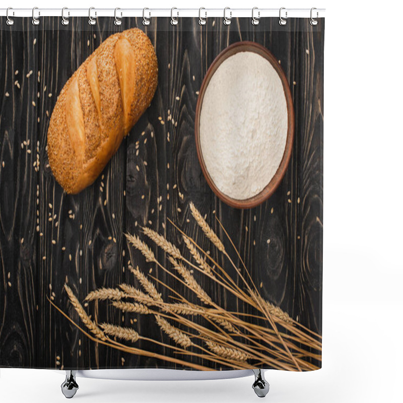 Personality  Top View Of Fresh Baked Bread Loaf With Spikelets And Flour On Wooden Surface Shower Curtains