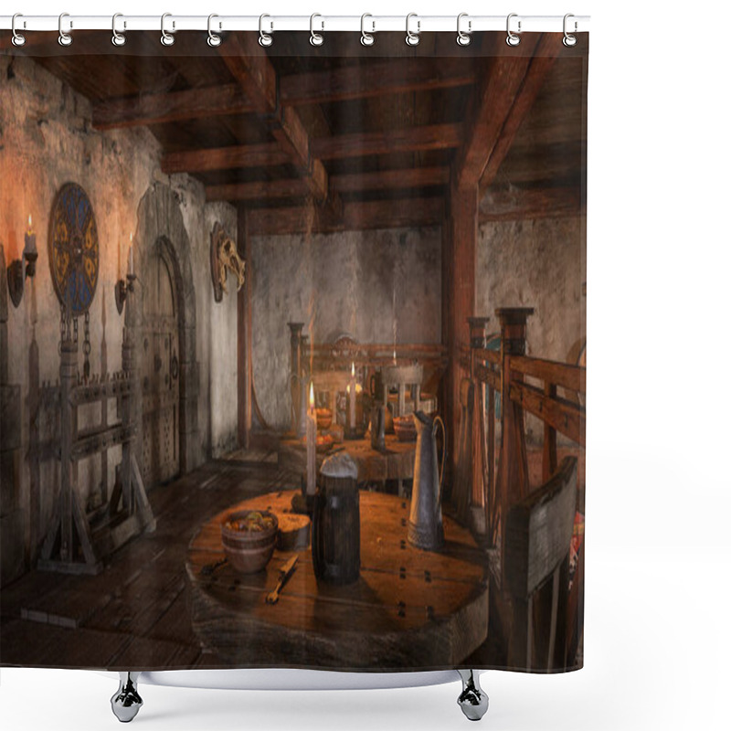 Personality  Upstairs Dining Room In A Medieval Inn With Food And Drink On The Tables And Shields Decorating The Walls. 3D Illustration. Shower Curtains