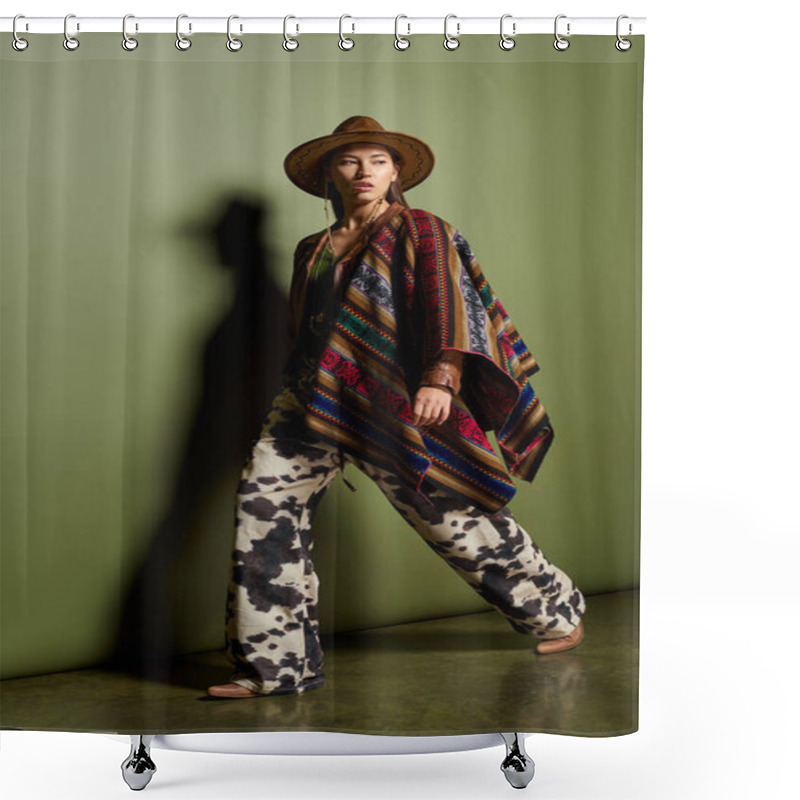 Personality  Brunette Dazzles In A Vibrant Outfit Blending Traditional And Modern Styles. Shower Curtains