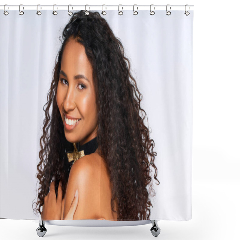 Personality  Curly Haired Woman Radiates Joy And Confidence While Smiling In An Uplifting Setting. Shower Curtains