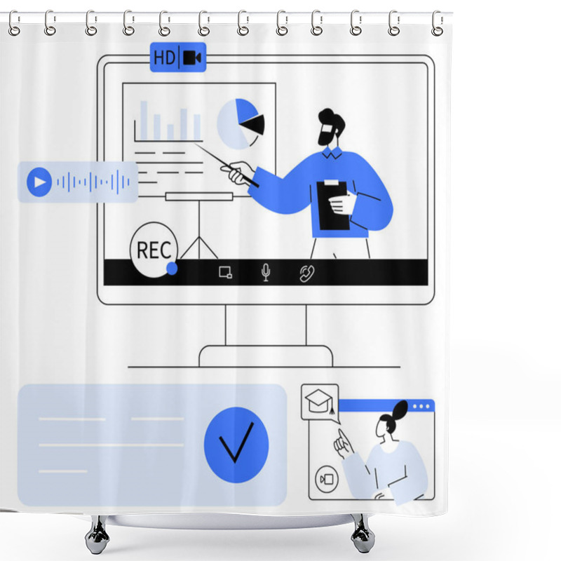 Personality  Data Presentation On Screen By Bearded Man With Pointer Icons For HD Video, Audio, Text, And Email Messages. Ideal For Virtual Meetings, Online Education, Remote Work. Line Metaphor Shower Curtains