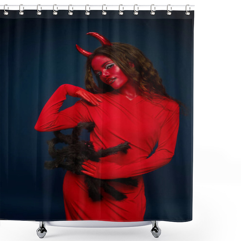 Personality  A Captivating Woman In Red Playfully Shows A Black Spider, Embodying Halloween Spirit. Shower Curtains