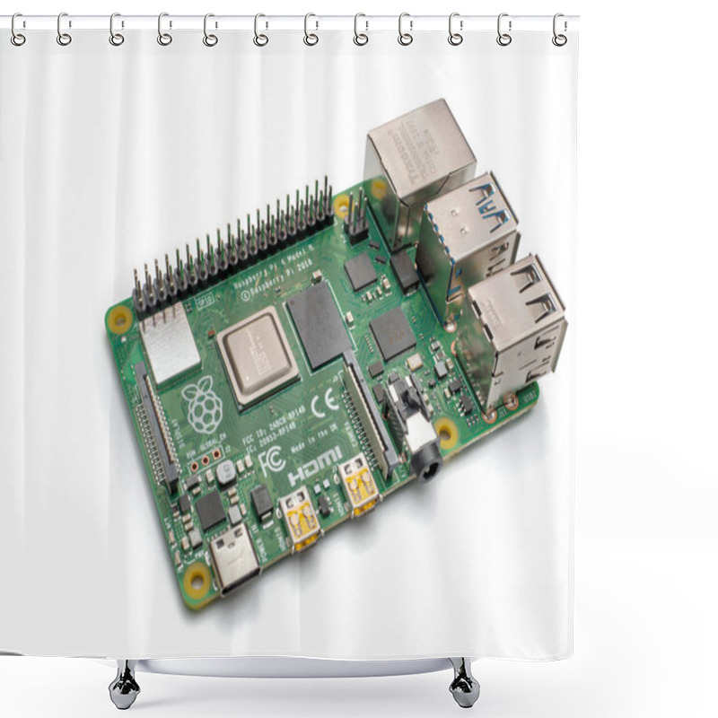 Personality  Galati, ROMANIA - March 20, 2020: Close-up Of A Raspberry Pi 4 Model-B. The Raspberry Pi Is A Credit-card-sized Single-board Computer Developed In The UK By The Raspberry Pi Foundation. Studio Shot. Shower Curtains