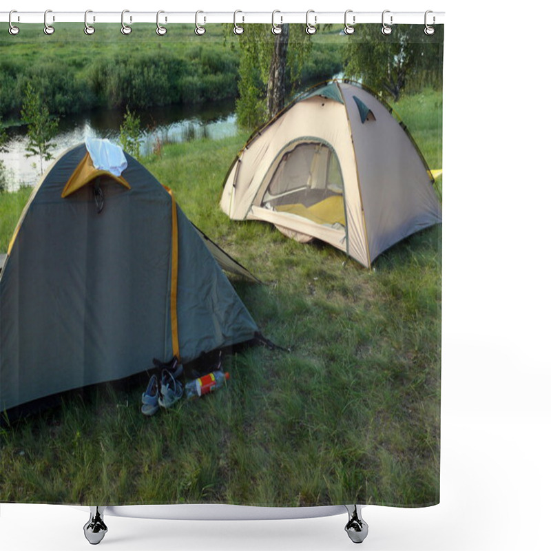 Personality  A Couple Of Tent In River Background Shower Curtains