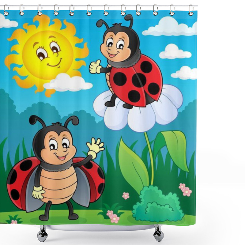 Personality  Happy Ladybugs On Meadow Image 3 Shower Curtains