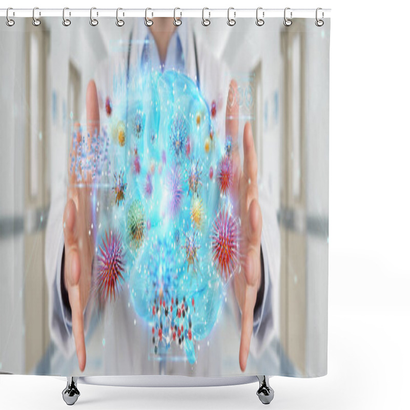 Personality  Doctor On Blurred Background Using Digital Nanobot Virus 3D Rendering Shower Curtains