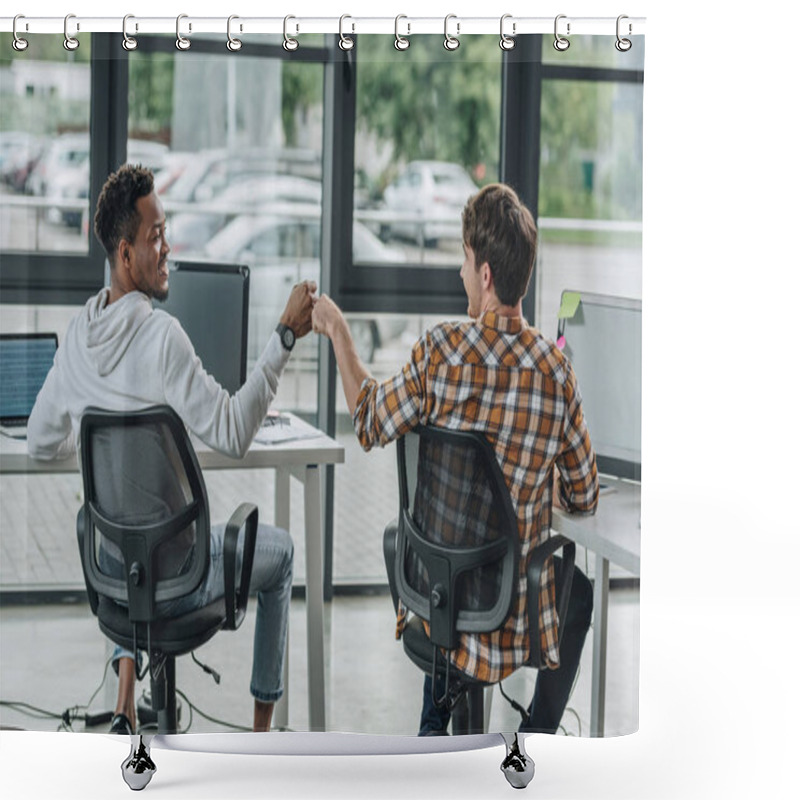 Personality  Young Multicultural Programmers Doing Fist Bump While Sitting In Office Together Shower Curtains