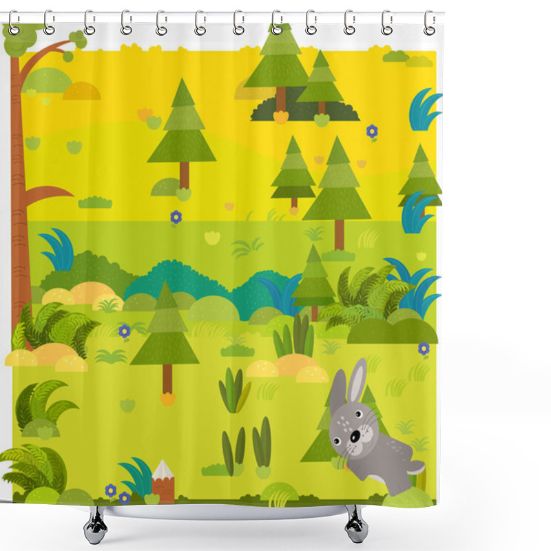 Personality  Cartoon Forest Scene With Wild Animal Rabbit Hare Illustration Shower Curtains