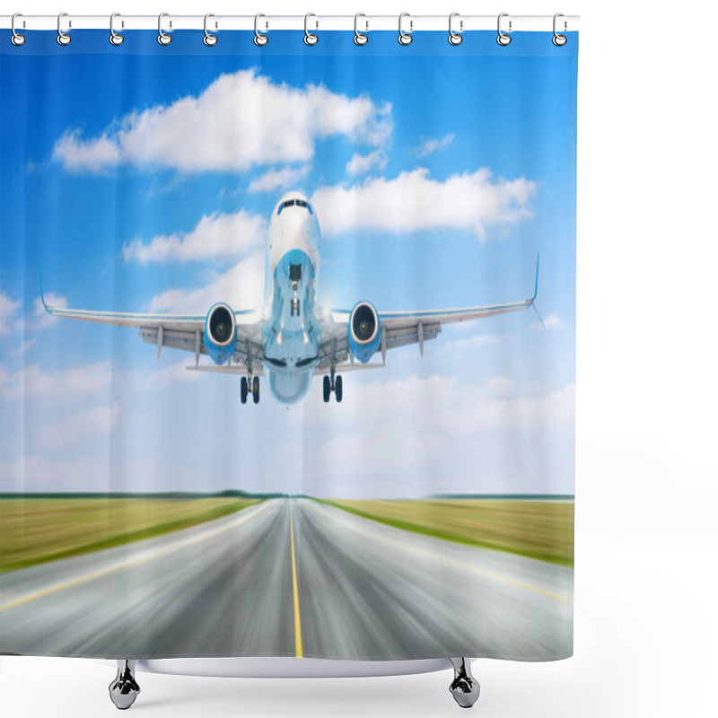 Personality  Airplane Aircraft With Split-scimitar Wing Flying Departure Landing Speed Motion On A Runway In The Good Weather With Cumulus Clouds Sky Day. Shower Curtains