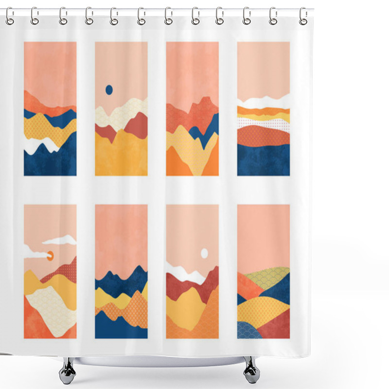 Personality  Asian Style Mountain Landscape Illustration Set On Isolated Background. Abstract Nature Environment With Sunset And Minimalist Textures For Phone Wallpaper, Travel Brochure Or Summer Design. Shower Curtains