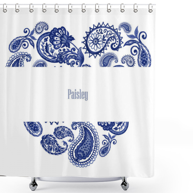 Personality  Watercolor Illustration Paisley Eastern Outline Flower Leaves And Tribal Folk Persian Indian Blue Indigo Invitation Card  Shower Curtains