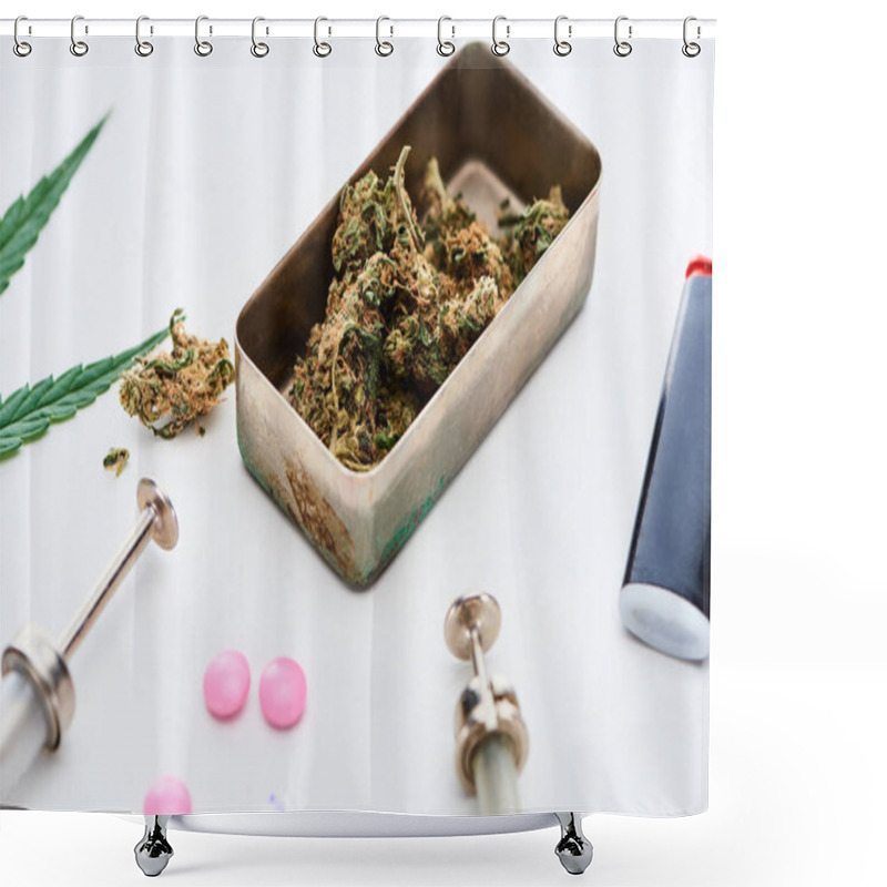 Personality  Close Up View Of Marijuana Buds, Syringes And Lighter Near Pink Ecstasy On White Background Shower Curtains