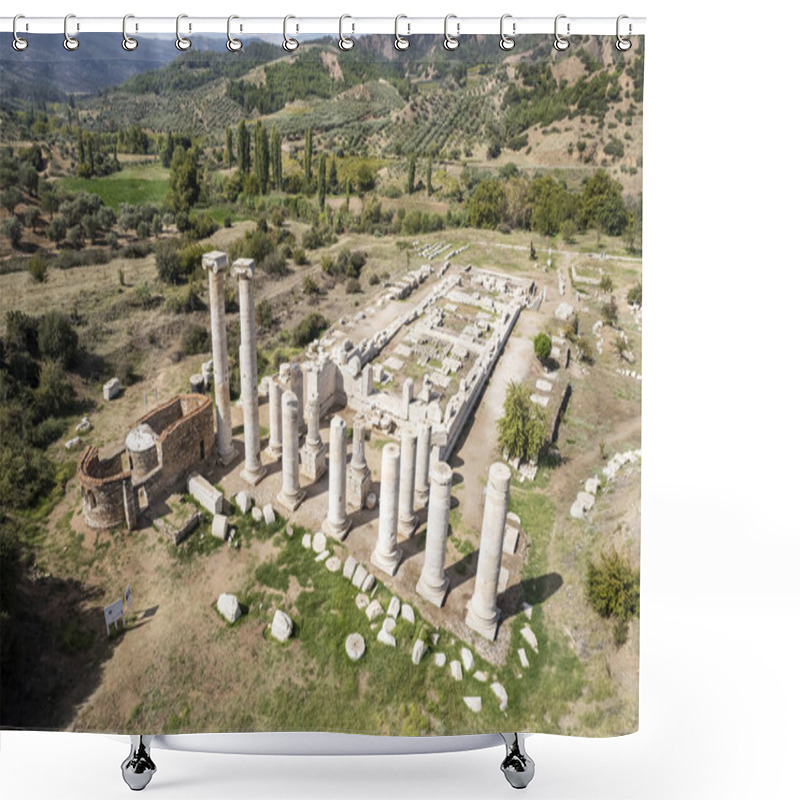 Personality  Aerial View With Drone; Sardes (Sardis) Ancient City Which Has Gymnasium And Synagogue Ruins And Columns In Manisa, Turkey. Shower Curtains