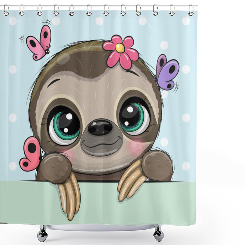 Personality  Cute Cartoon Sloth With Butterflies On A Blue Background Shower Curtains