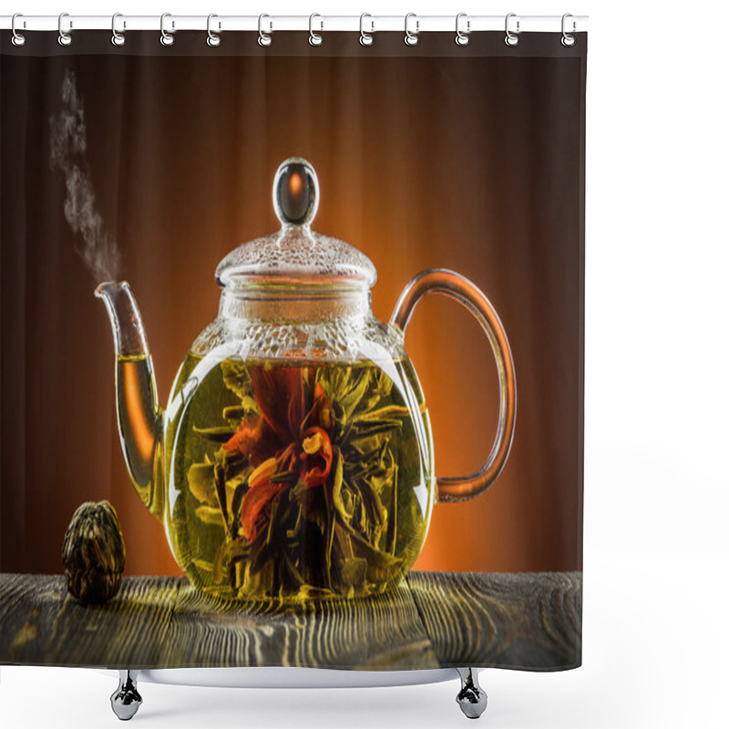 Personality  Glass Teapot With Blooming Tea Flower On Wooden Table Shower Curtains