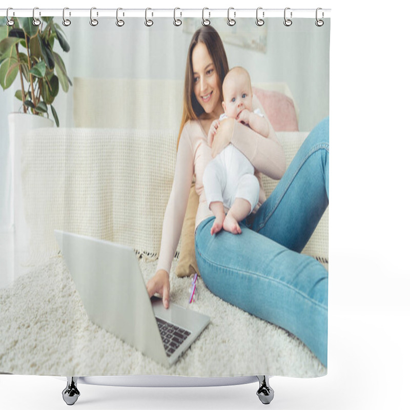 Personality  Attractive Mother Holding Her Child And Using Laptop In Apartment  Shower Curtains